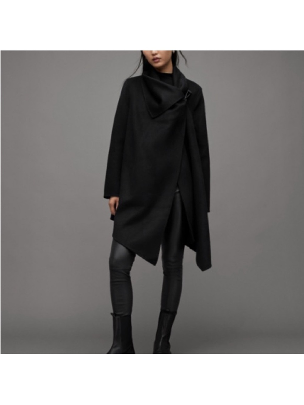 All Saints Black Asymmetric Draped Poncho Sweater
